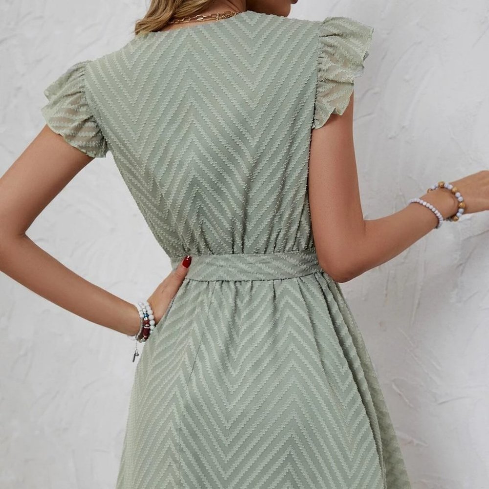Green Preppy Womens Guipure Lace Panel Butterfly Sleeve Belted Dress - Picture 3 of 5